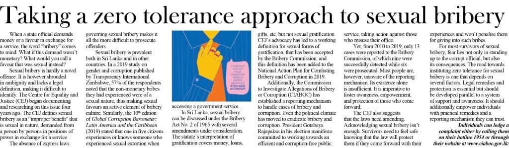 Taking a zero-tolerance approach towards sexual bribery
