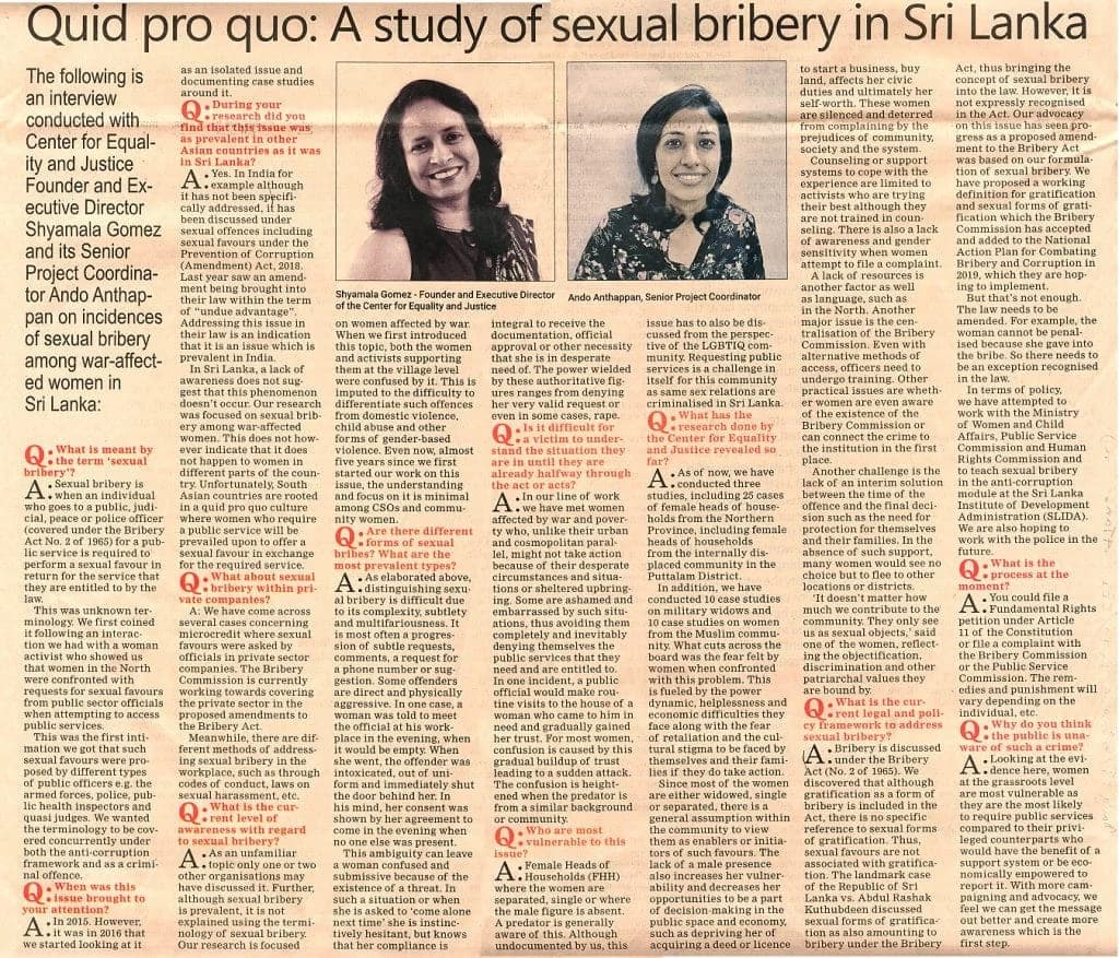 Quid pro quo: a study of sexual bribery n Sri lanka