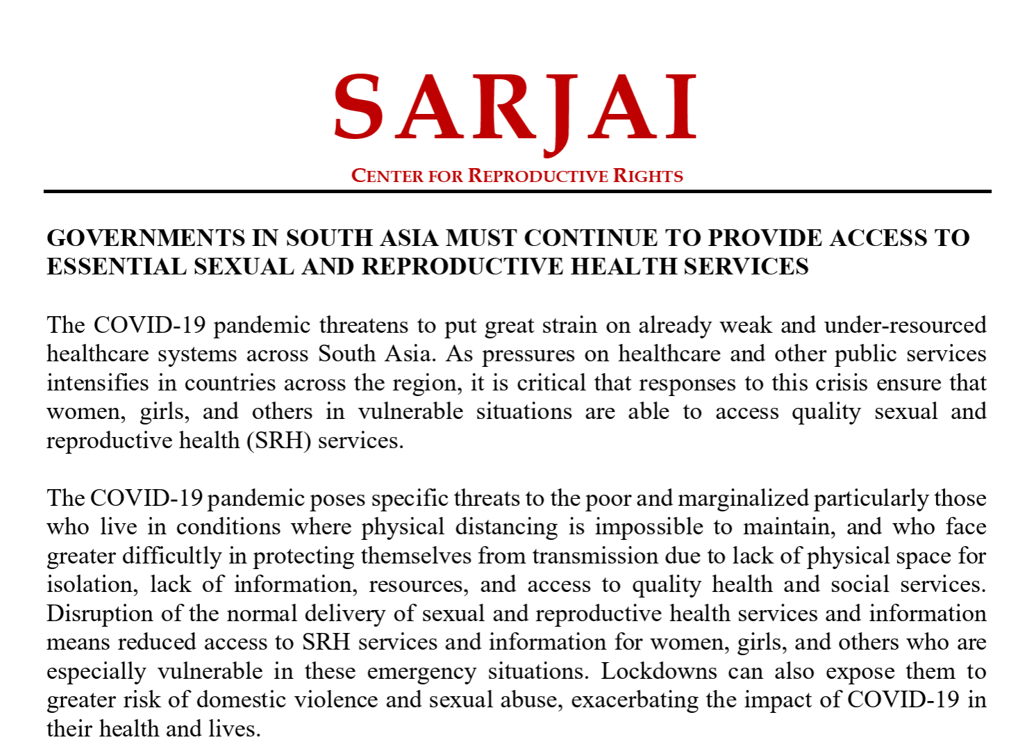 CEJ endorses SARJAI on Women’s SRH Rights during COVID 19